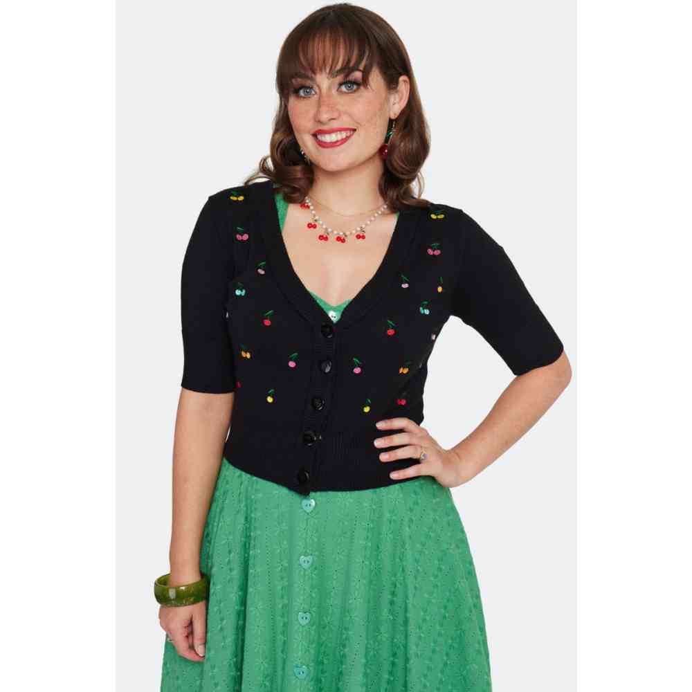 Voodoo Vixen - Rainbow Cherry Embroidered Cardigan - Zwart/Regenboog